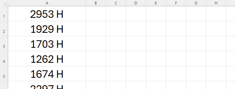 A list of numbers in Excel, each followed by the letter H.