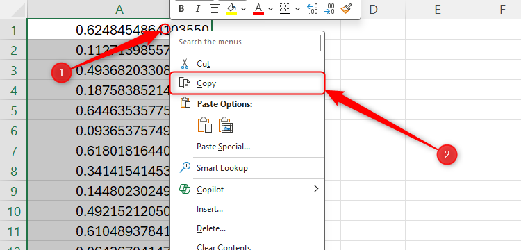 A list of random numbers generated through the RAND function is selected, and the right-click menu shows 'Copy' being clicked.