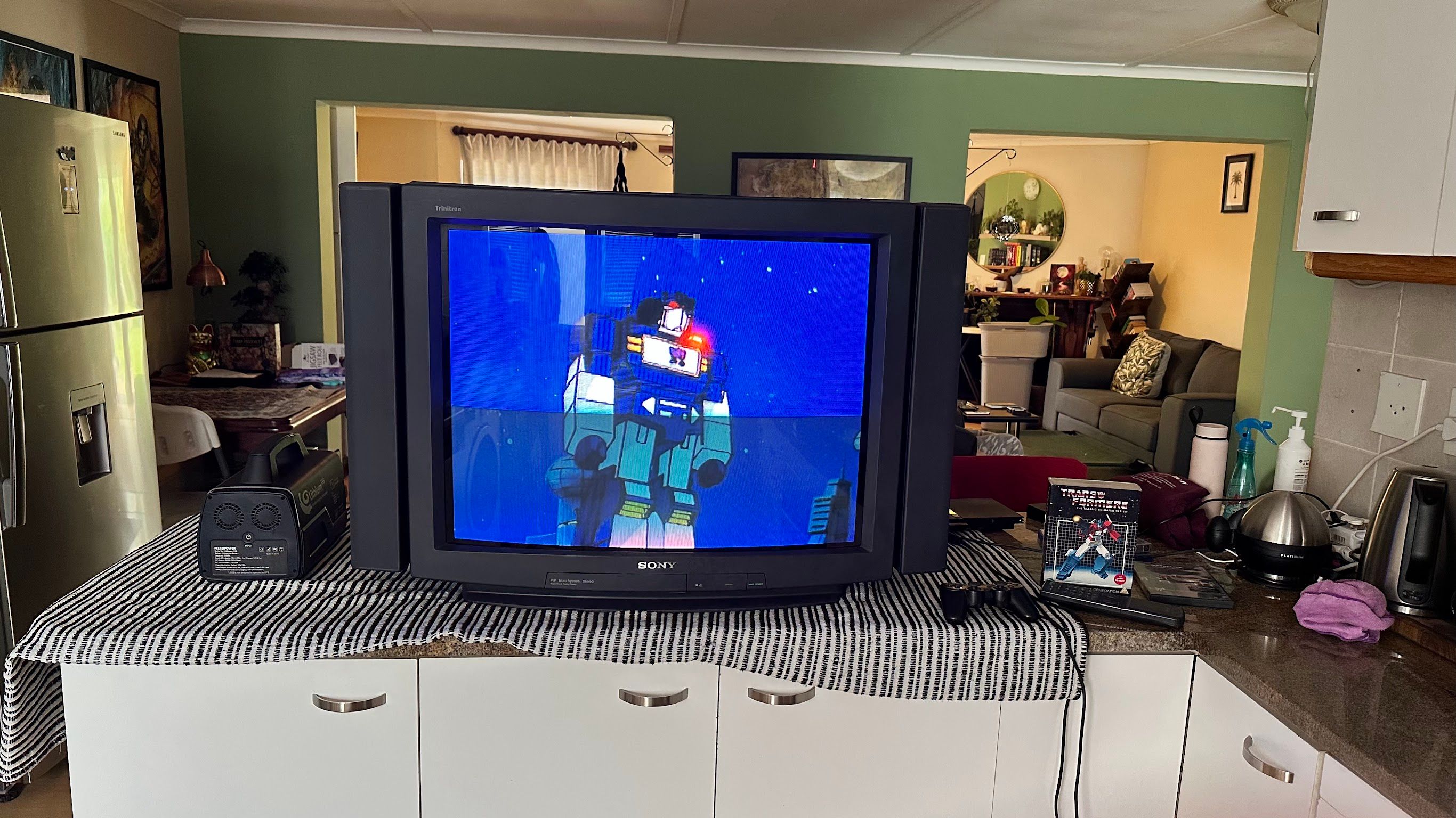 A massive Sony CRT TV being cleaned and tested in my kitchen.