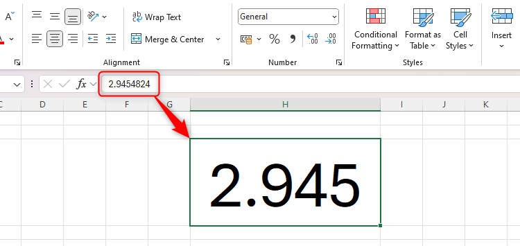 A number with seven decimal places is rounded to three decimal places by Excel's General number format.