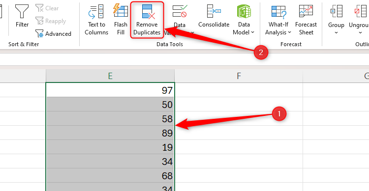 A range of cells in Excel containing integers is selected, and the Remove Duplicates button is highlighted.