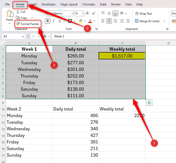 A range of formatted cells in Excel is selected, and the Format Painter tool in the Home tab on the ribbon is highlighted.