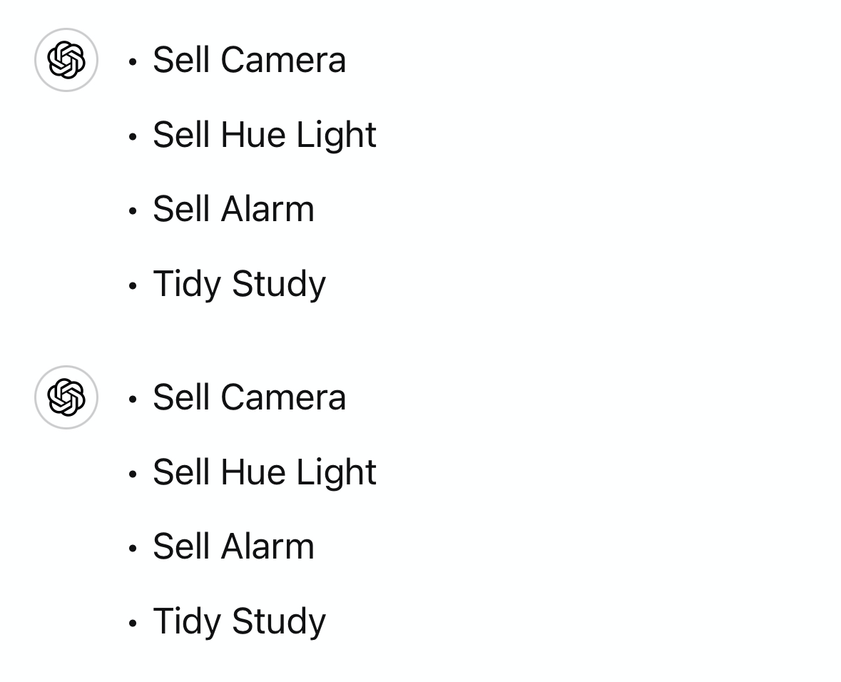 A response in ChatGPT giving a list of to-do tasks with the nagging response missing each time.