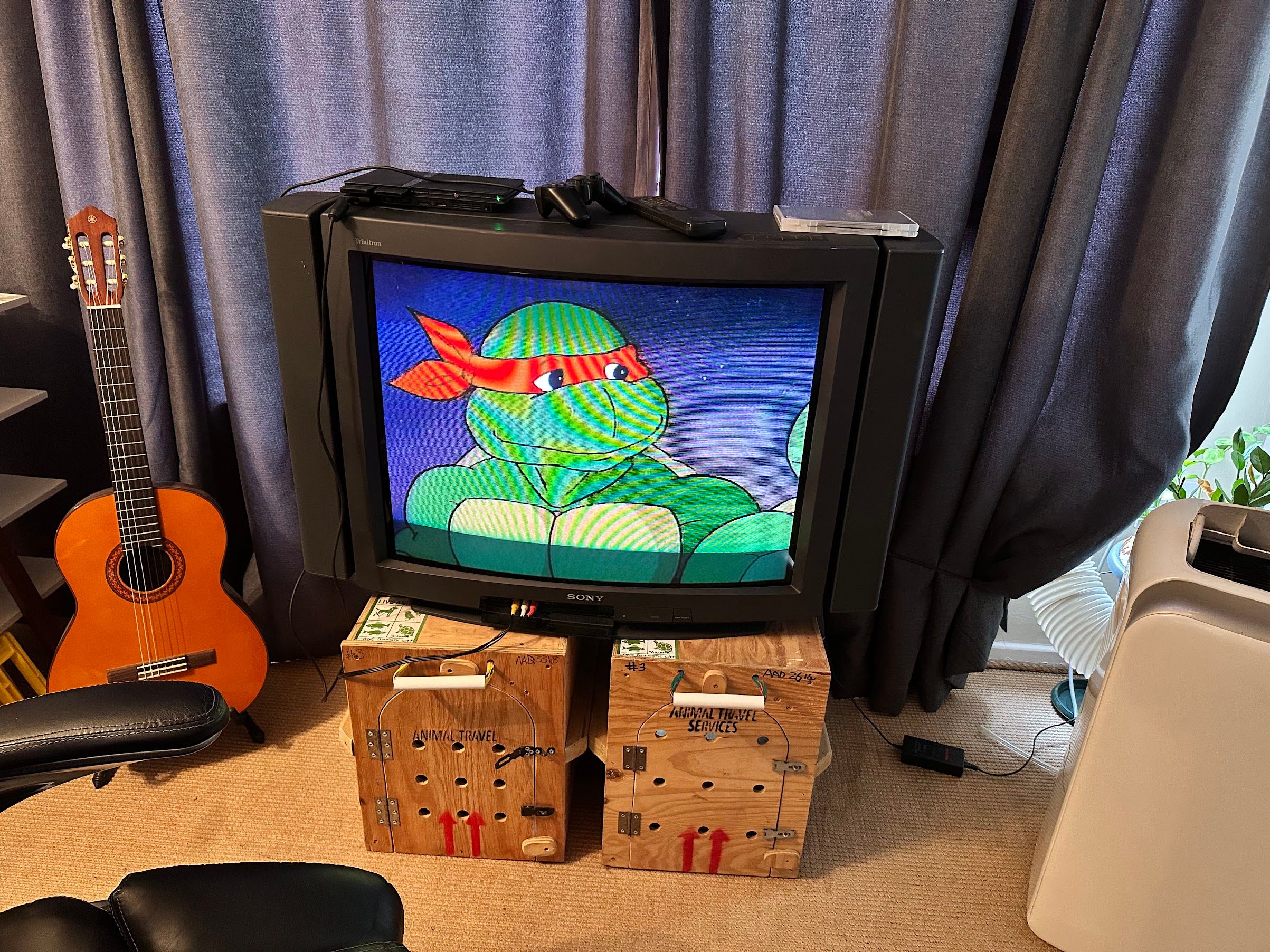 A Sony CRT TV standing on two wooden crates with the Ninja Turtles cartoon playing on screen.