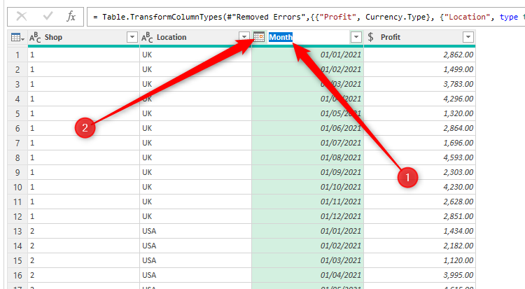 A table in Excel's Power Query Editor, with a column being renamed 'Month', and the data type symbol representing a calendar.