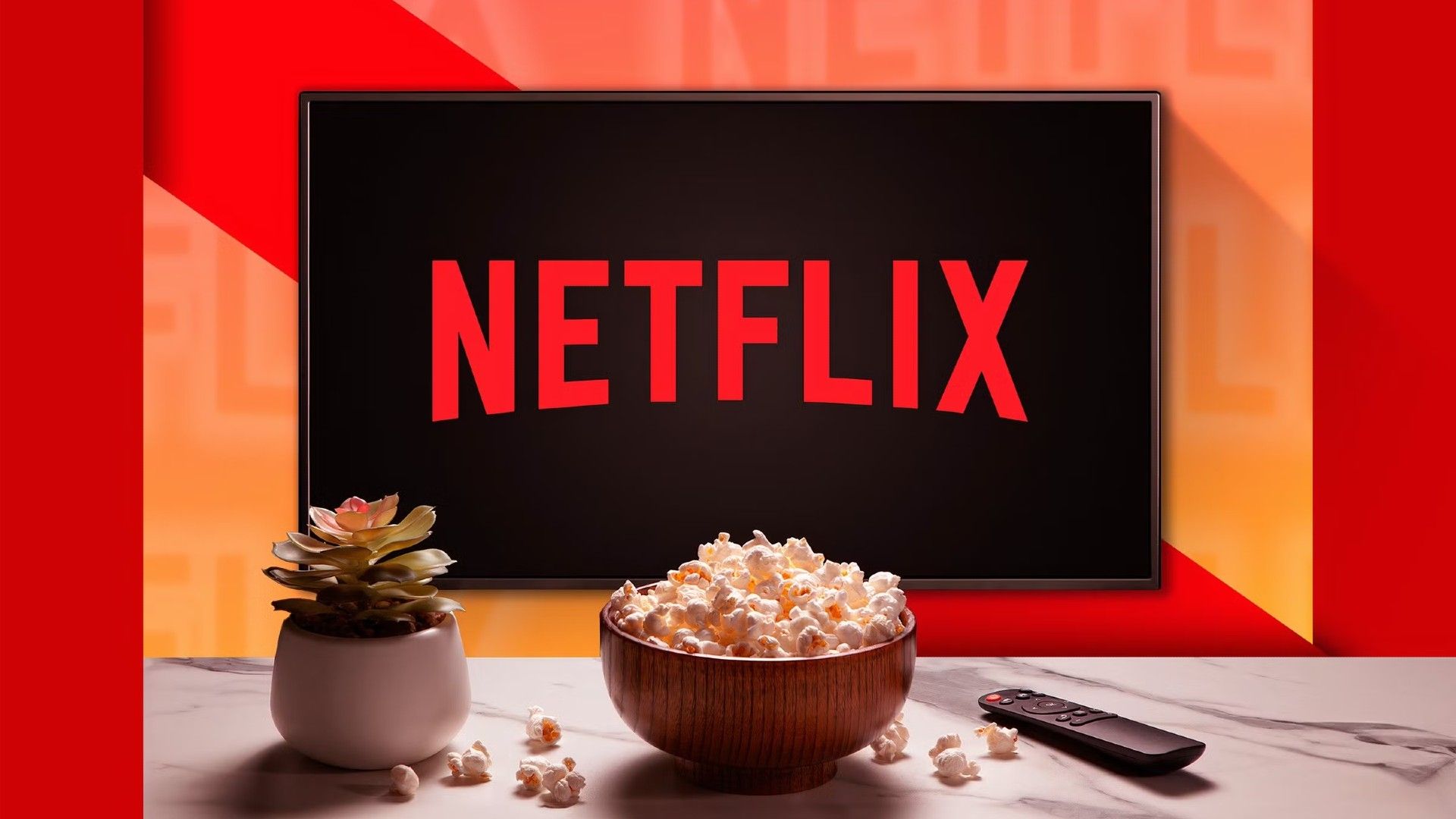 A tv with the netflix logo with a plant a popcorn bowl and a remote control on a table.