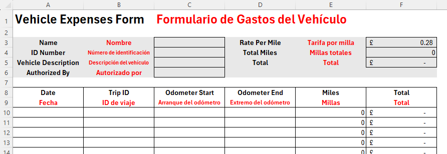 A vehicle expenses form in Excel containing field names in English and Spanish, achieved by using the TRANSLATE function.