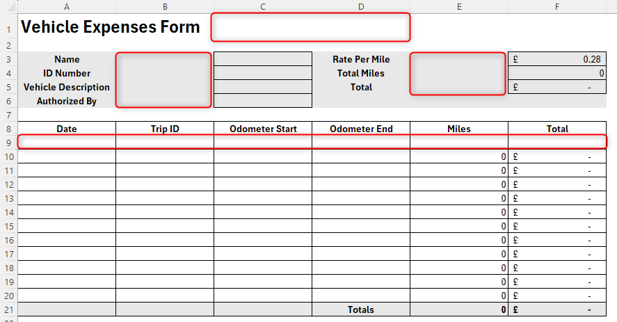 A vehicle expenses form in Excel, with spaces left for translations of each field name into Spanish.