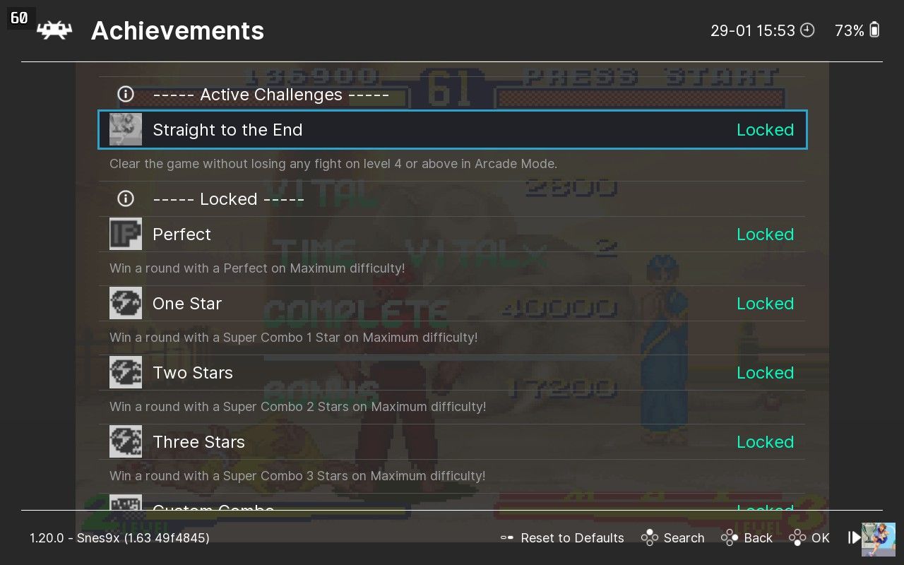 Achievements list in the RetroArch Quick Menu.