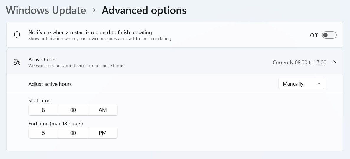 Active Hours Settings in the Windows Settings app.