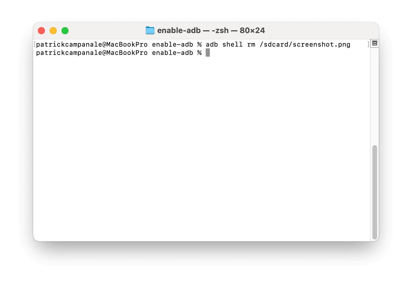 Using the macOS terminal to delete a screenshot from an Amazon Fire TV through ADB.