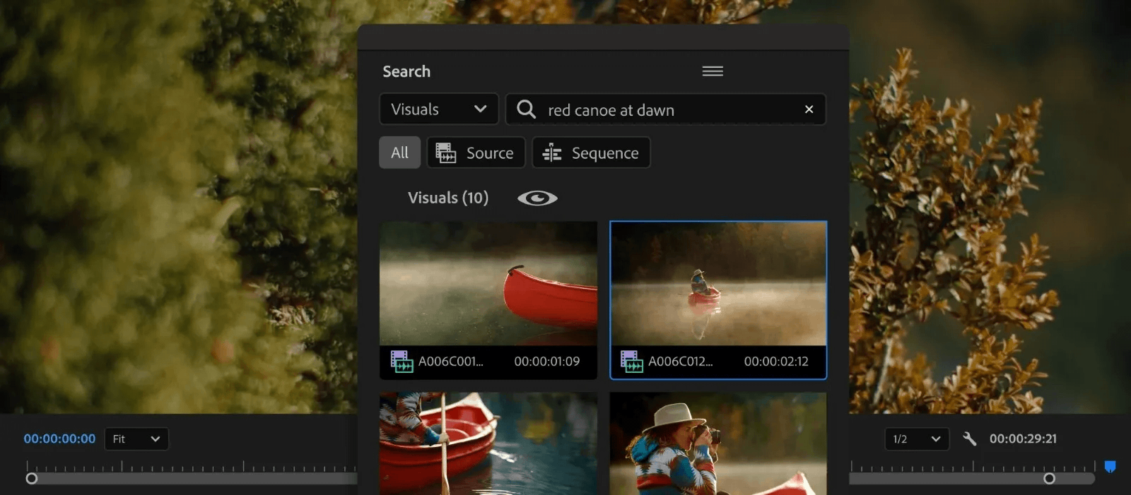 The search panel in Premiere Pro with the visual search opine selected in the menu.