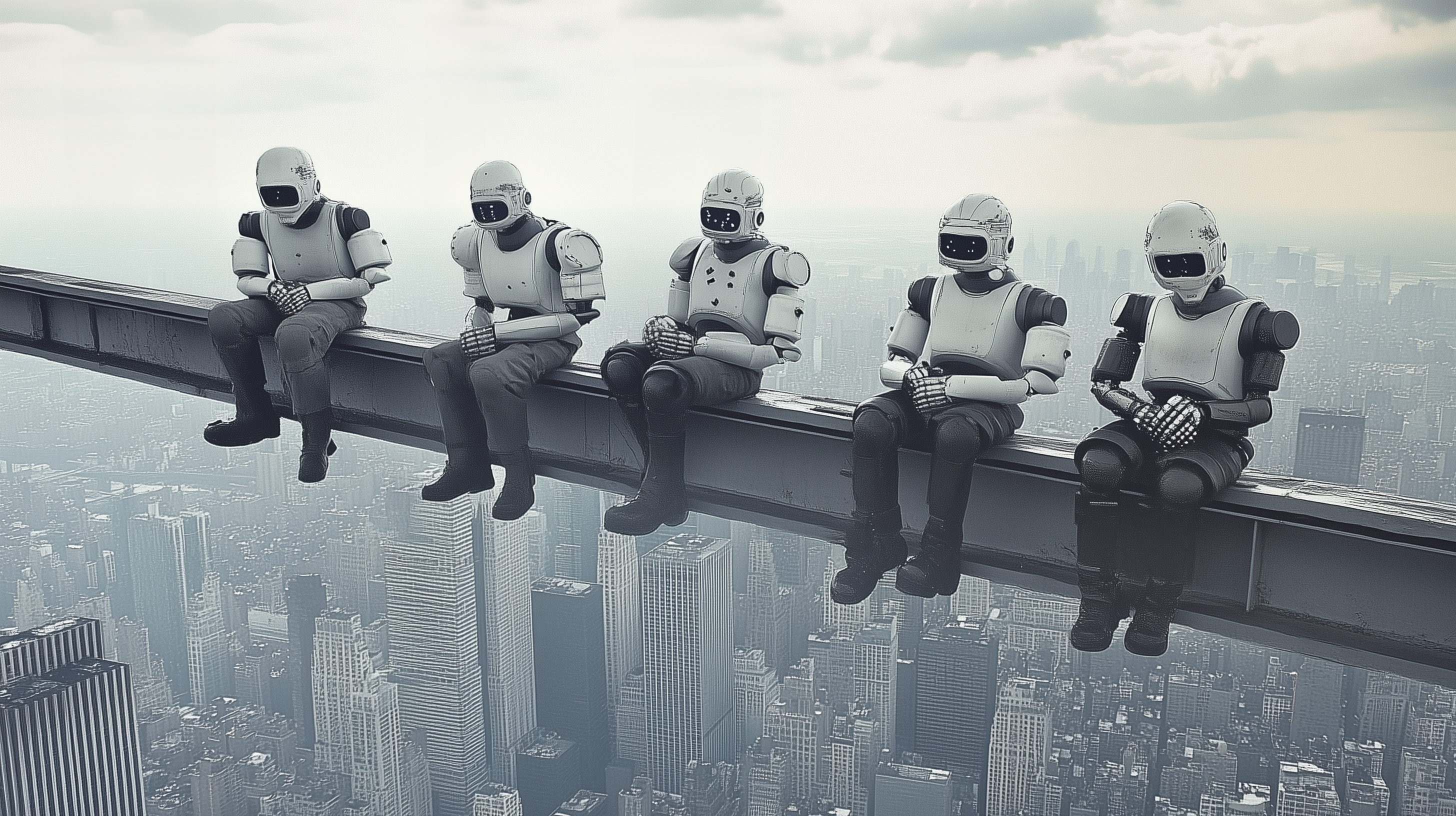 AI-generated parody image of Lunch atop a Skyscraper with robots sitting on a metal beam high above the city.