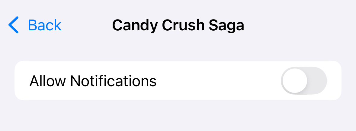 Allow Notifications toggle turned off in iPhone Notifications settings.