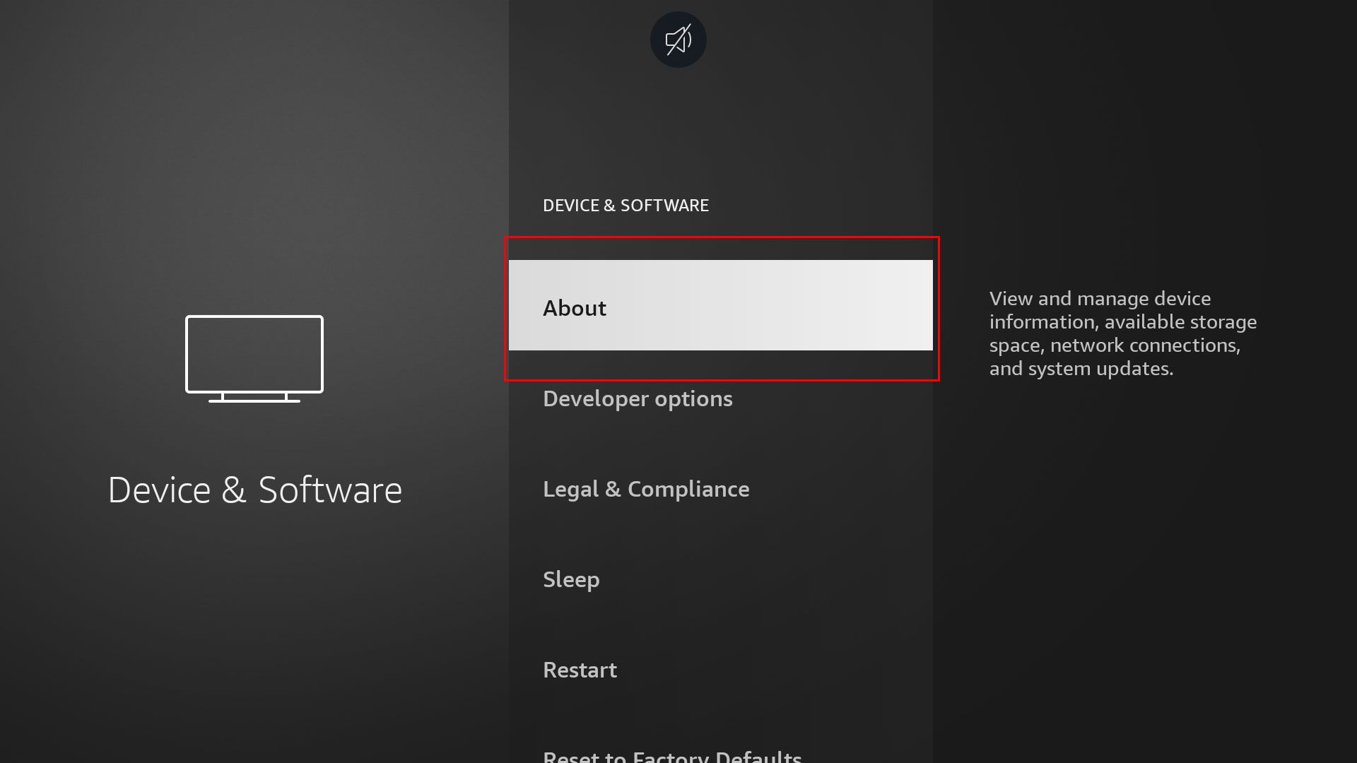 The About tab selected in Amazon's Fire TV Devices & Software menu.