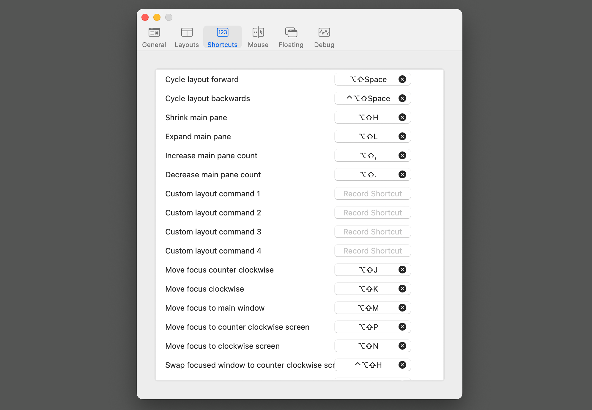 Amethyst settings and keyboard shortcuts.