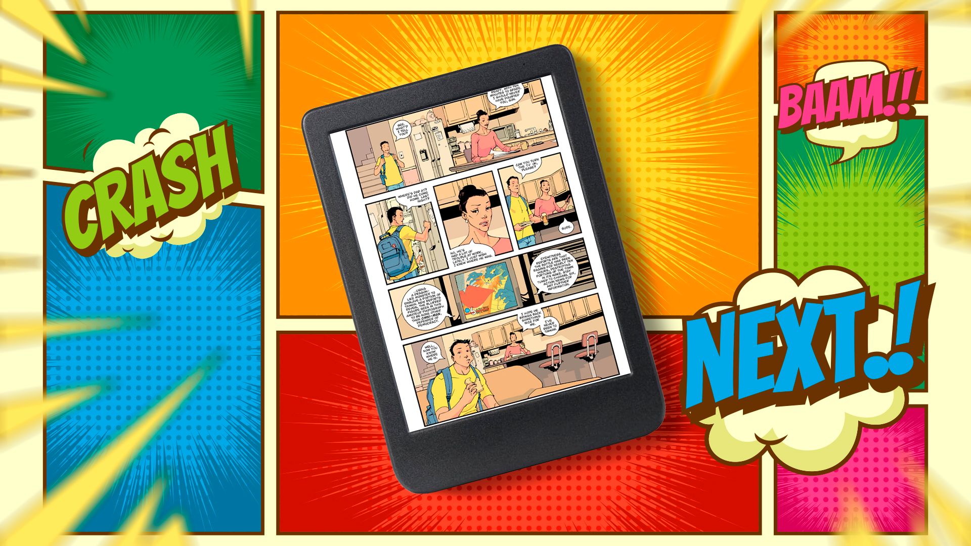 An e-reader displaying a comic book page on its screen, featuring speech bubbles and colorful illustrations.