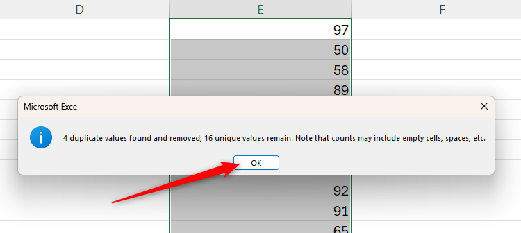 An Excel message telling the user how many duplicates have been removed and how many unique values remain.