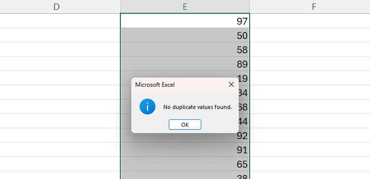 An Excel message telling the user that there are no duplicate values in the selected range.