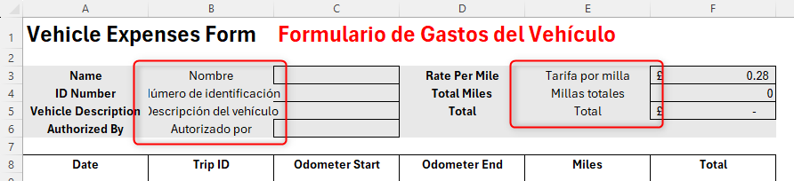 An Excel sheet containing information field titles that are translated from English to Spanish using the TRANSLATE function.