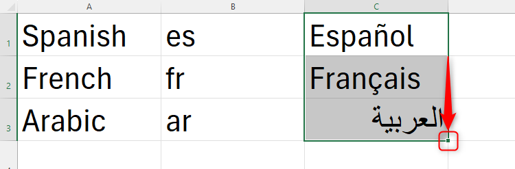 An Excel sheet containing the names of three languages in English, their language codes, and their translations into their respective languages.-1