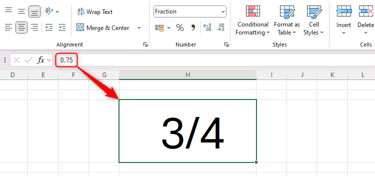 An Excel sheet containing the number 0.75 converted into a fraction.