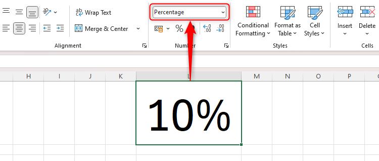An Excel sheet showing a percentage in cell L1, and the corresponding number format in the Number group of the Home tab reflecting this data type.
