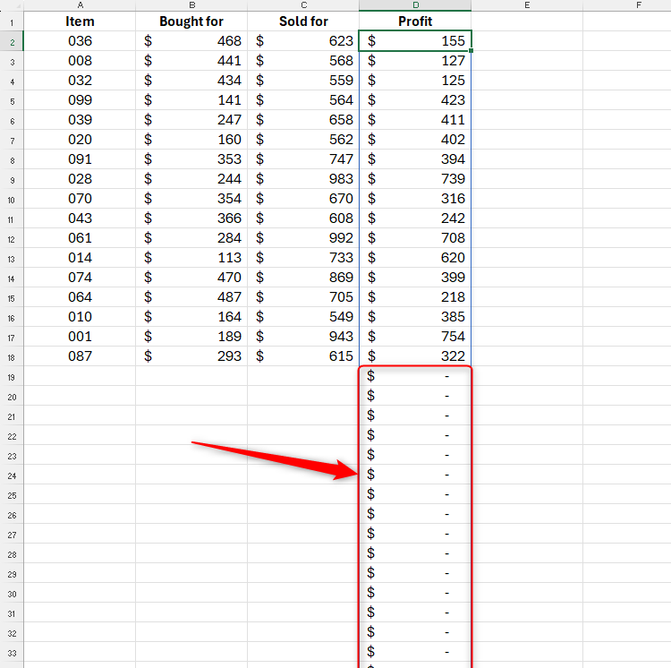 An Excel spreadsheet containing a spilled calculation that expands below the last row of data.