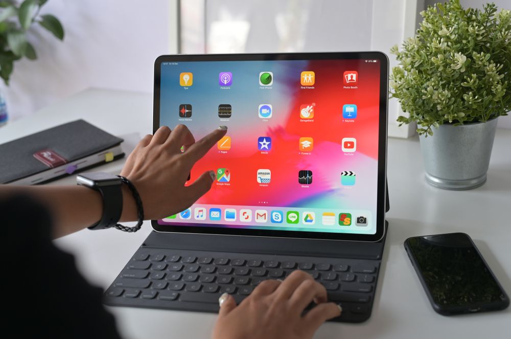 An iPad Pro 12.9 inch tablet with keyboard attachment