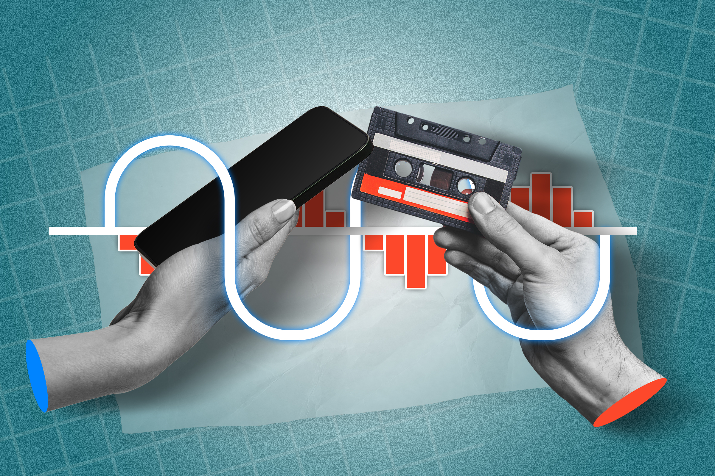 A hand holding a phone and another holding a cassette tape, with a background graph illustrating digital and analog sound waves.