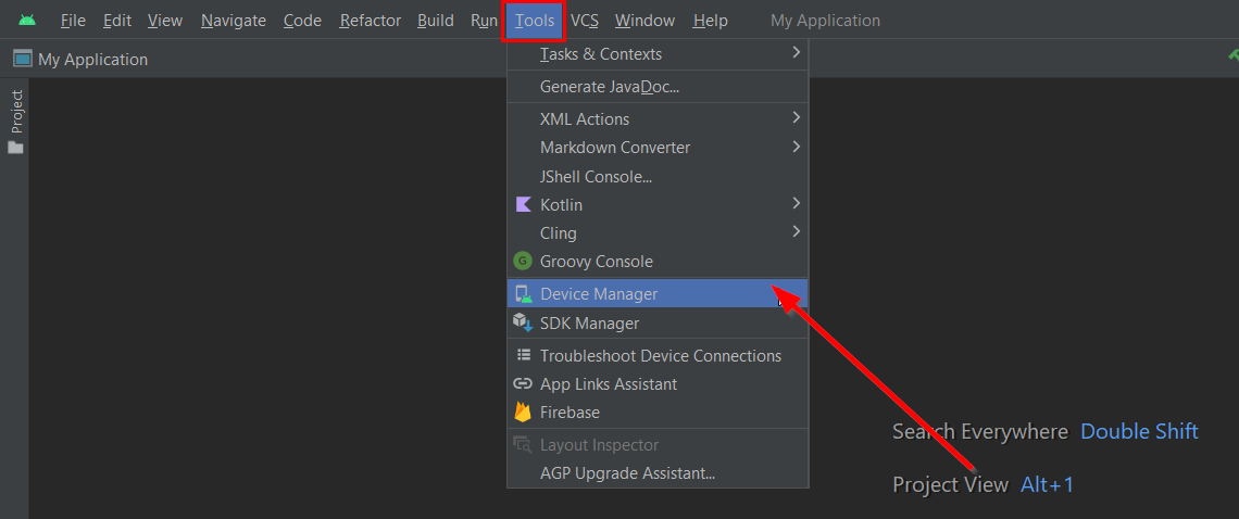 The Android Studio tools menu to display the Decice Manager Option