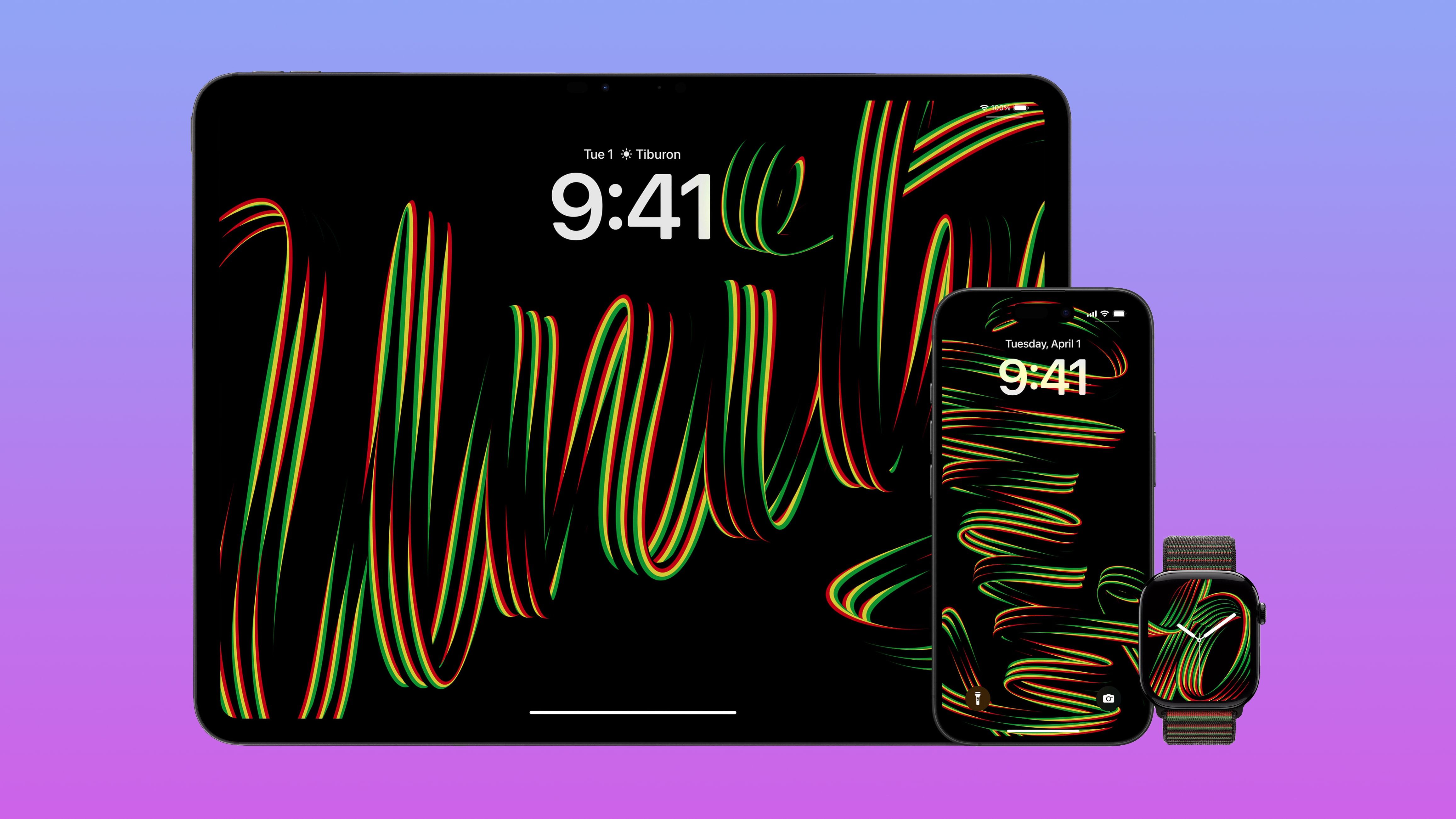 iPhone, iPad, and Apple Watch showcasing Apple's Unity Rhythm wallpapers in celebration of Black History Month.