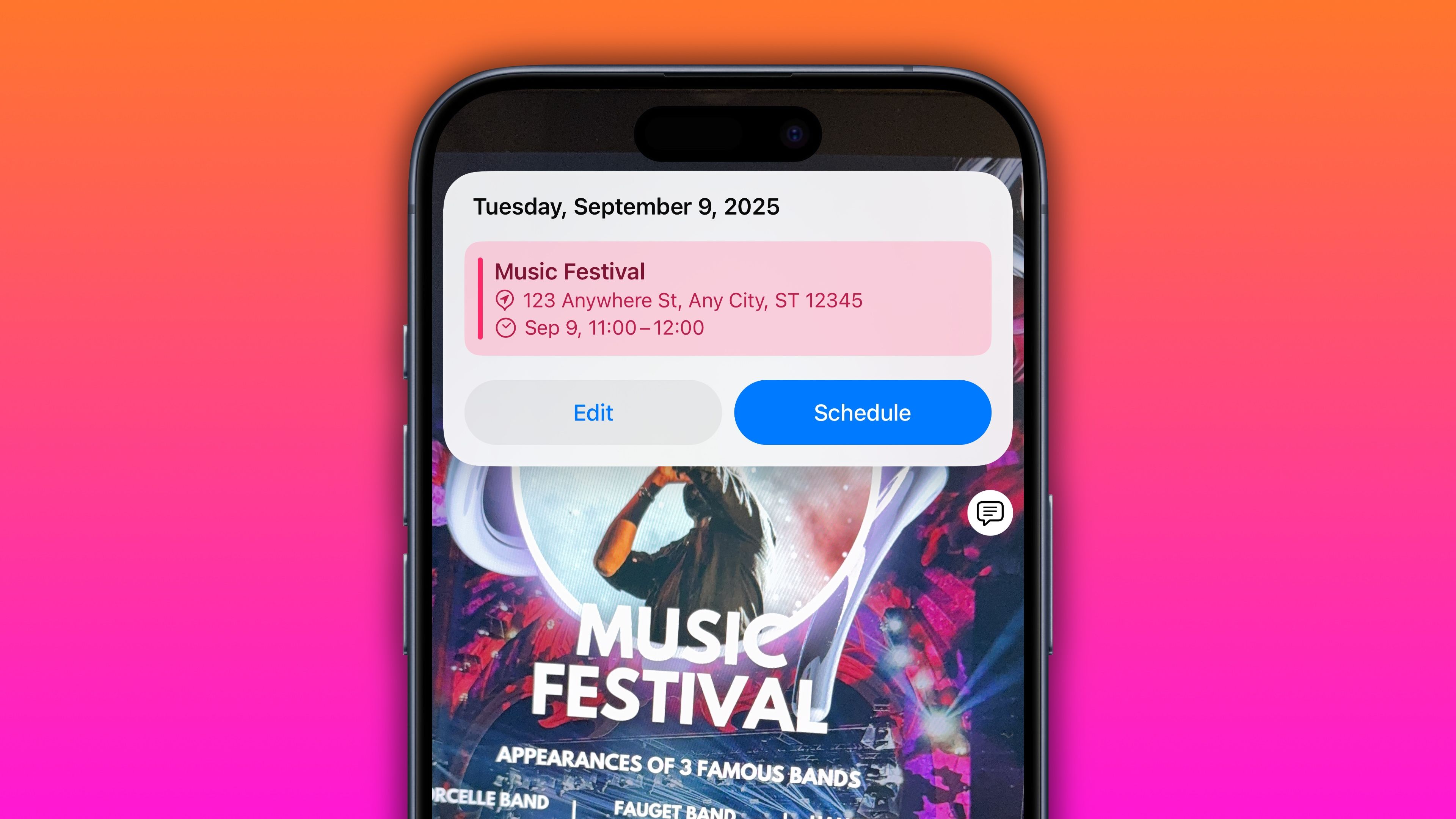 Visual Intelligence on iPhone snowing the option to add an event detected on a concert flyer to the calendar.