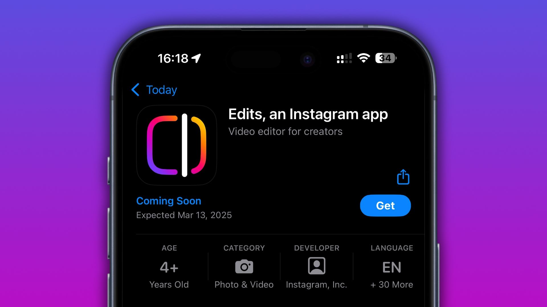 iPhone with the App Store showcasing the Instagram Edits app.