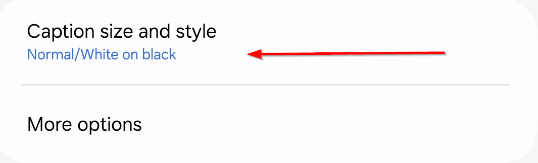 The 'caption size and style' option in Live Caption settings for customizing the appearance of captions.