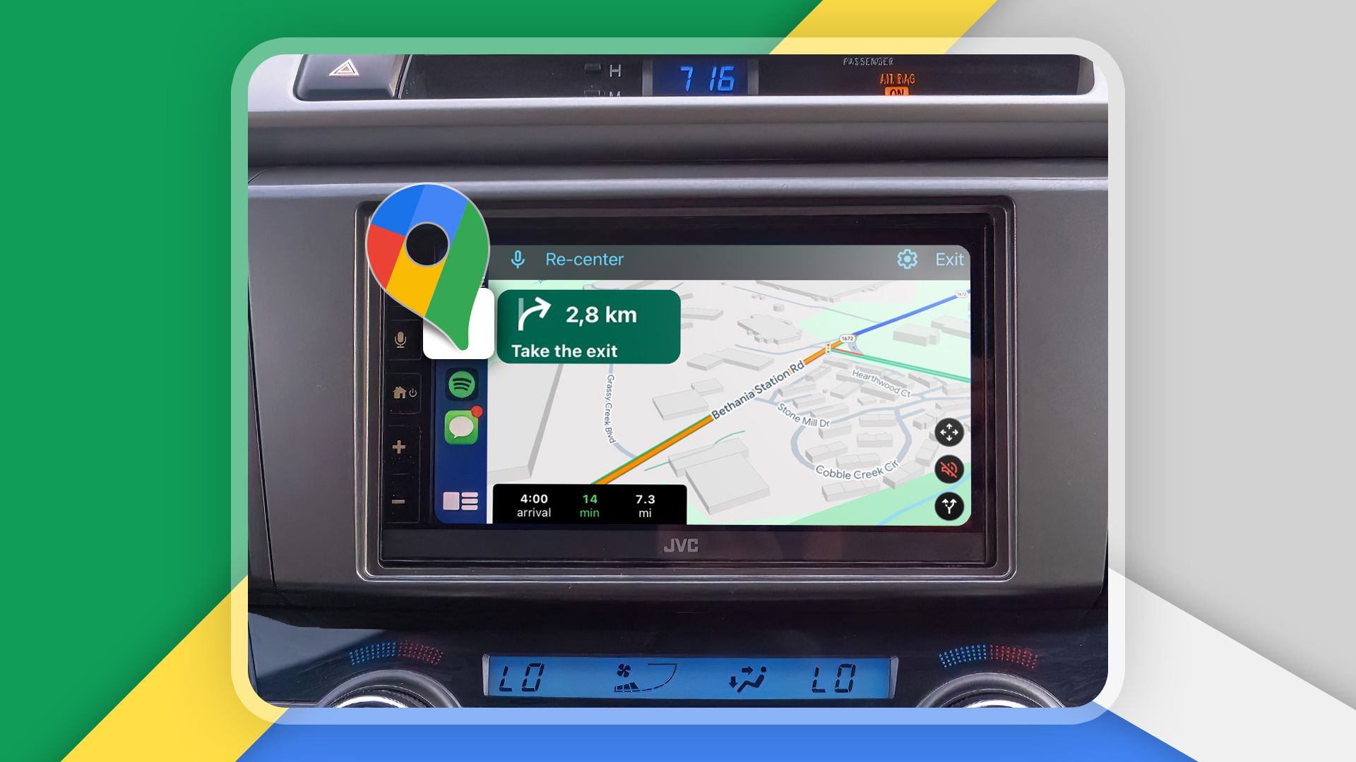 Car interior with Apple CarPlay and Google Maps open.