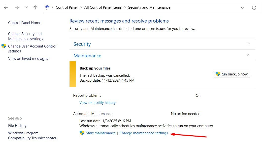 Change Maintenance Settings option in the Control Panel.