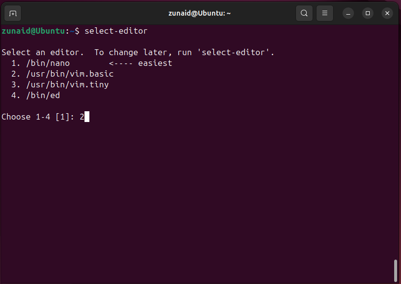 Changing the default editor on Linux using the select-editor command.