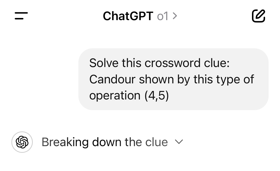 ChatGPT o1 model thinking about a cryptic crossword clue.