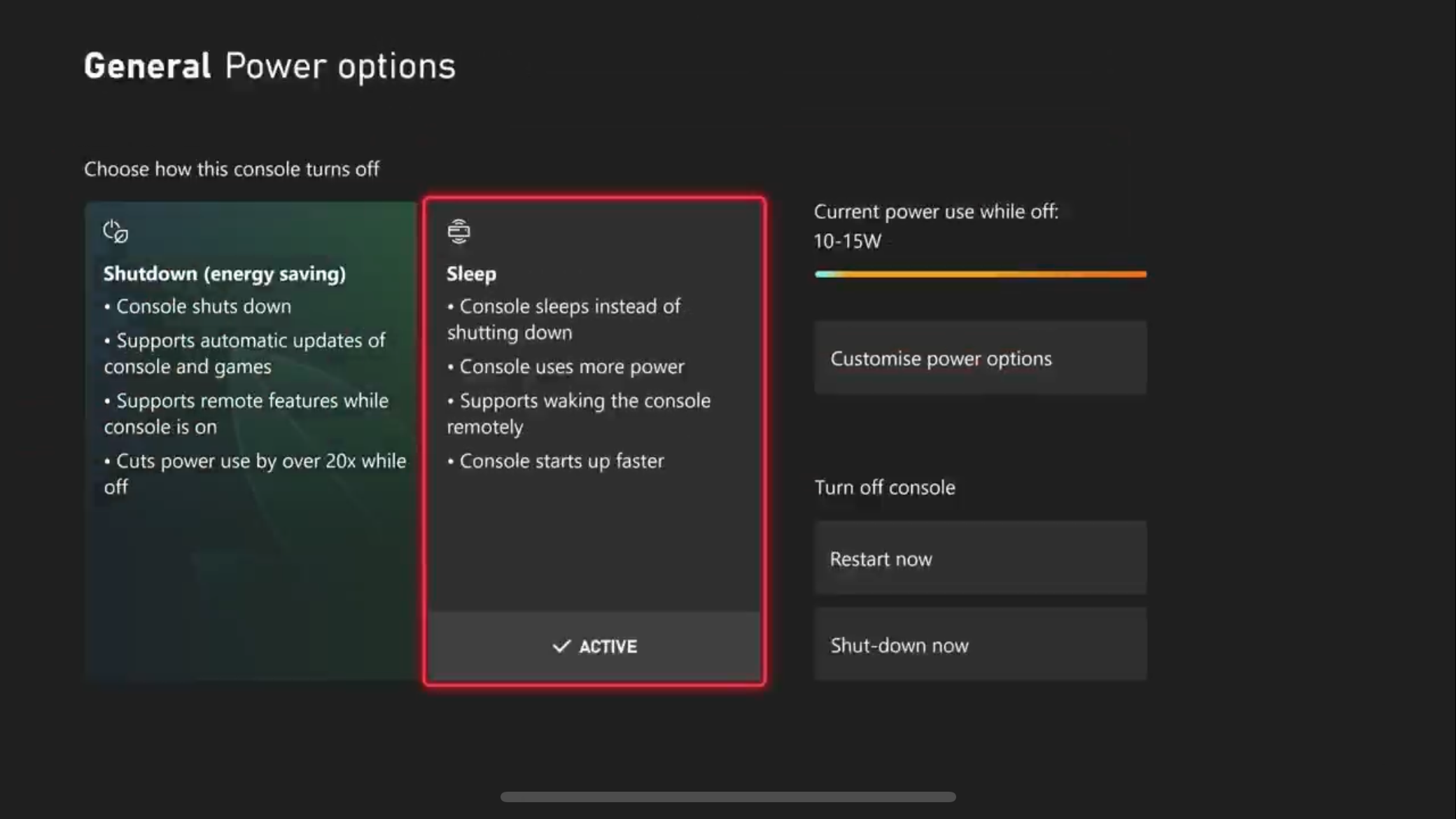 Choose between Shutdown and Sleep modes in Xbox power settings.