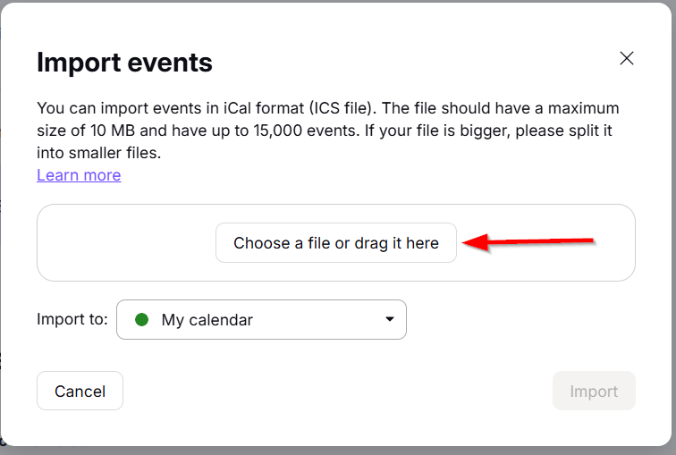 The "Choose ICS" button to select the file for import.