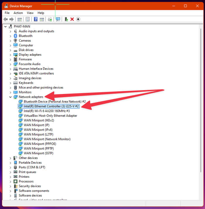 Selecting your Ethernet adaptor in Device Manager,