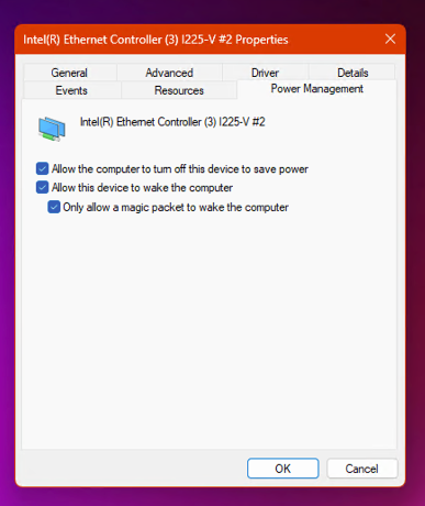 Power management setting for Ethernet network adaptor.