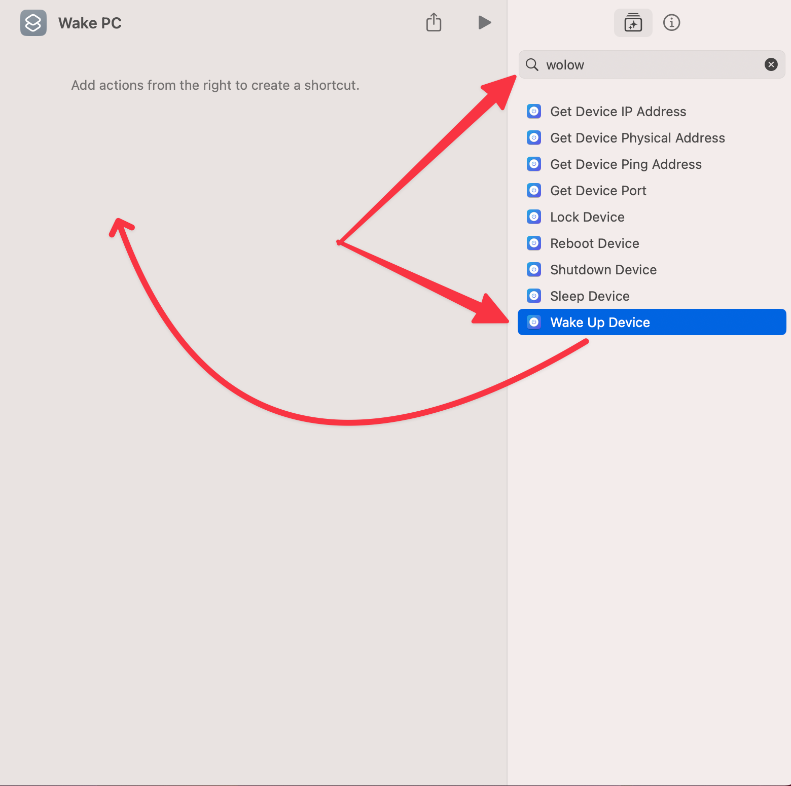 Adding Wolow wake device shortcut action.