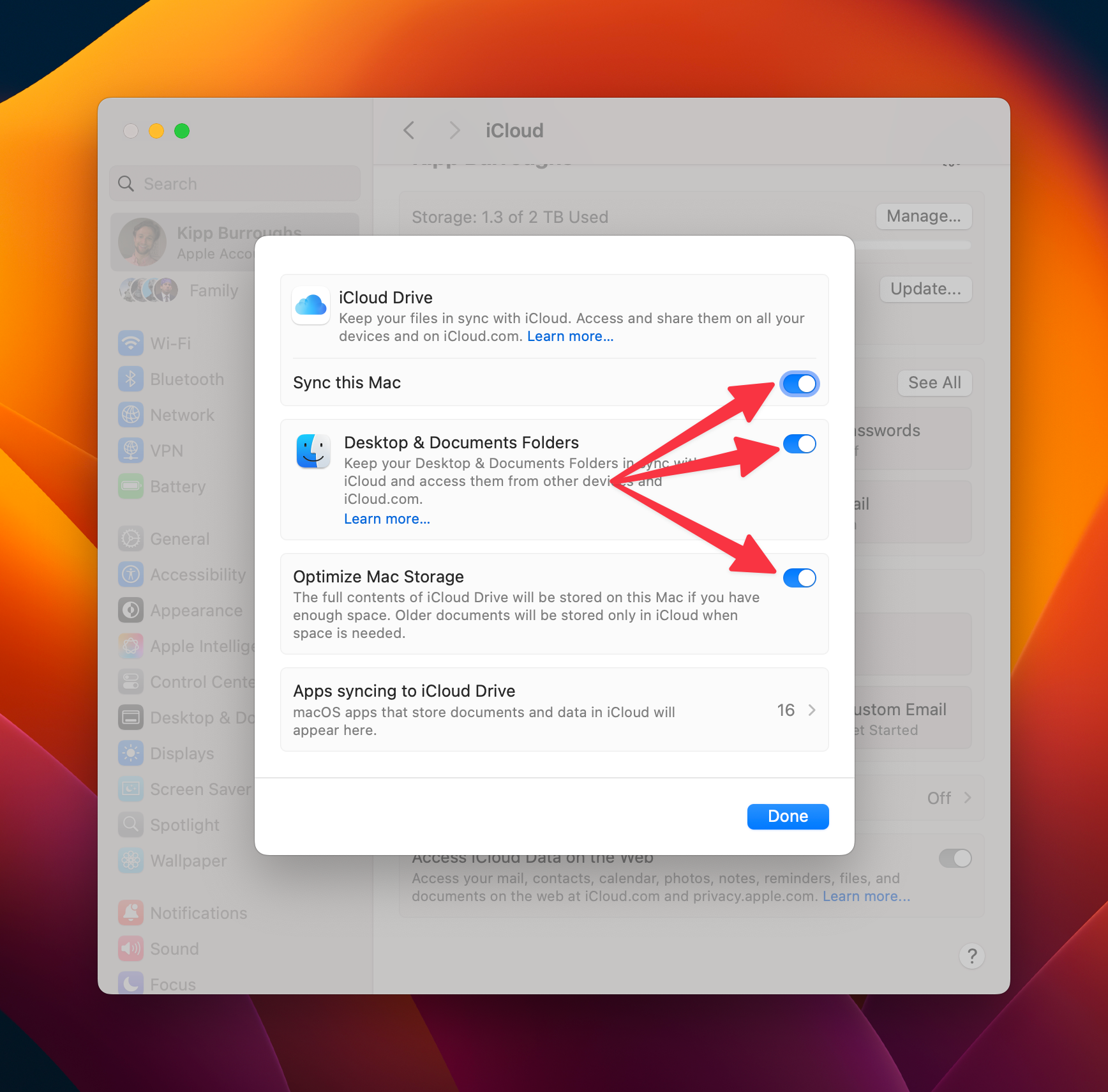 Enabling iCloud Drive local storage saving options.