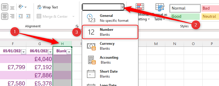 Column H selected in Excel, and 'Number' selected in the Number Format drop-down list in the Home tab.