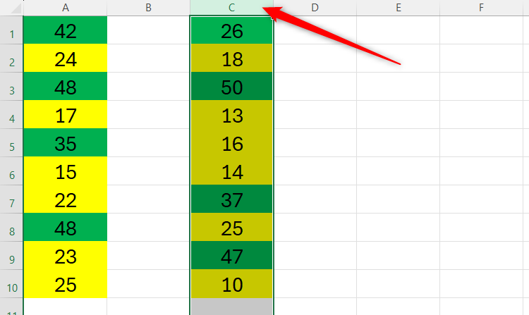 Conditional formatting has been duplicated in Excel from column A to column C to color cells based on their values.