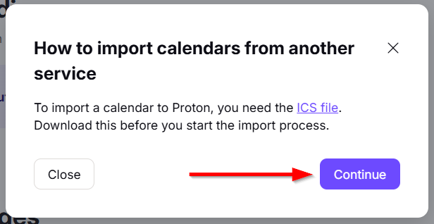 The "Continue" option to proceed with the calendar import process.