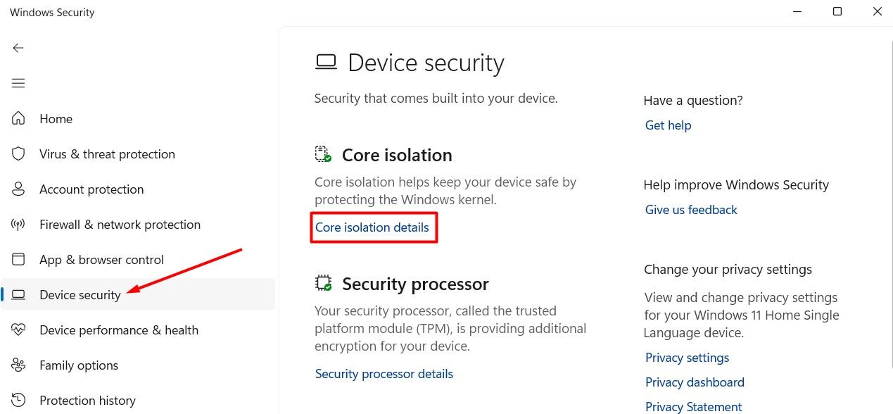 Core Isolation Details option in the Windows Security app.