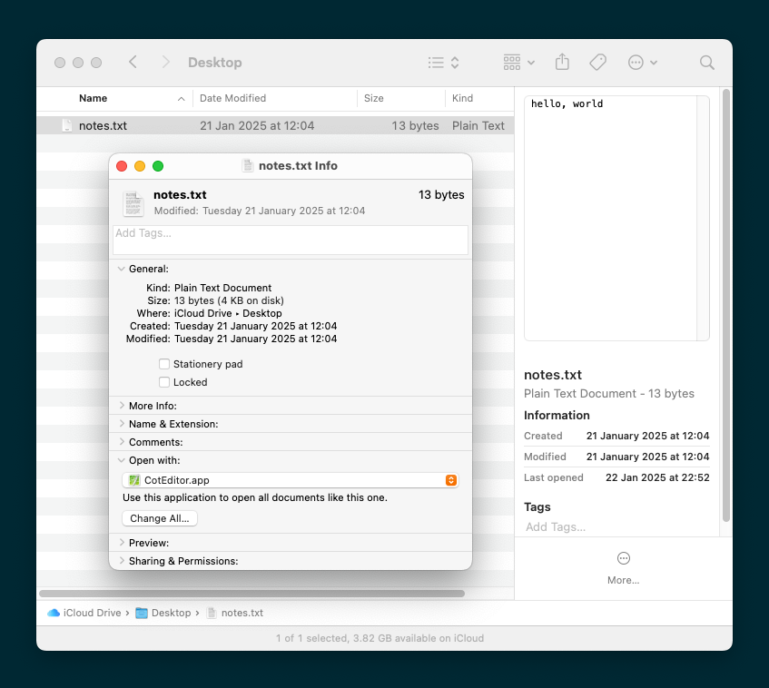 The file info window in Finder shows a setting to open the selected file with CotEditor.